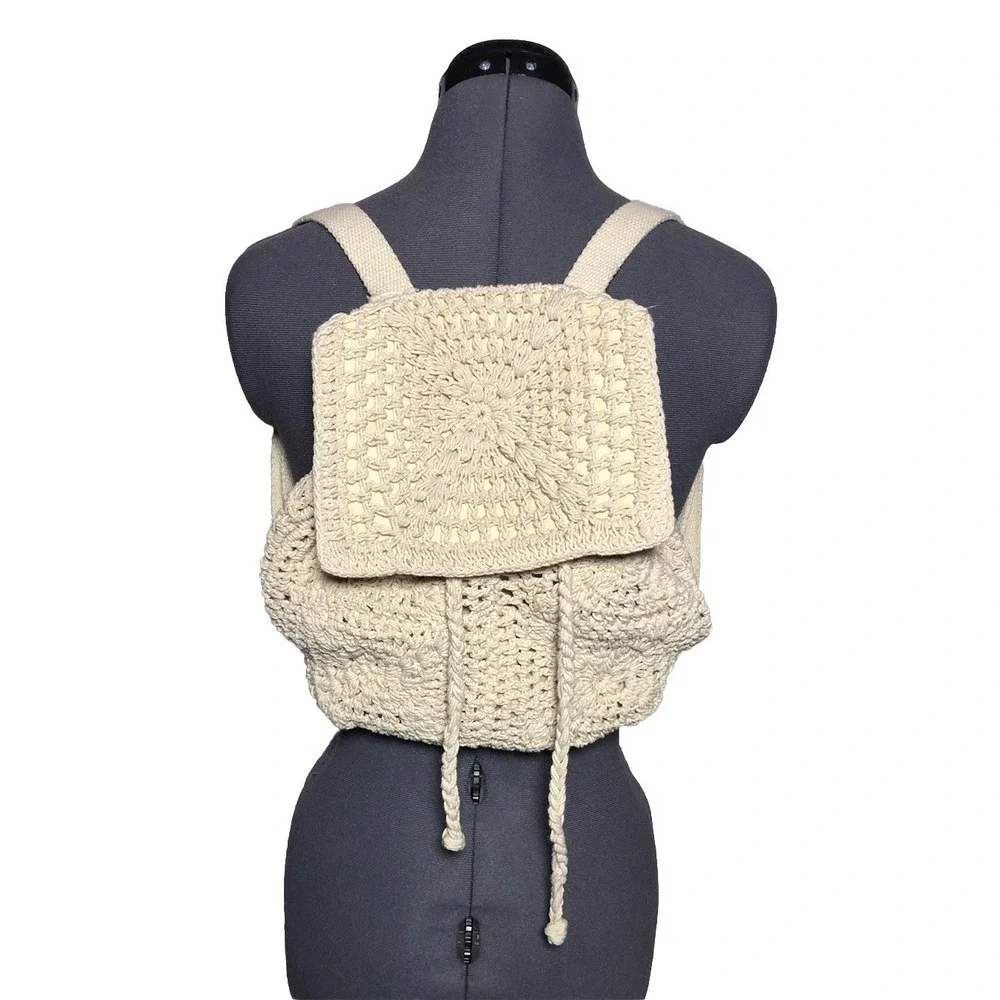 Crochet Backpack Cottagecore Boho Festival Drawstring Cotton Cream STAINED